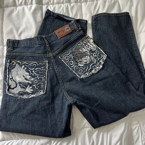 Men’s Embroidered Dark Wash Baggy Vintage Jeans